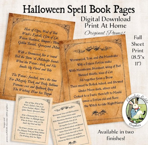 Halloween Witch Spell Book Pages Digital Download Printable Page Spellbook Graphic Image Wall Art Scrapbook Journal Collage Sheet