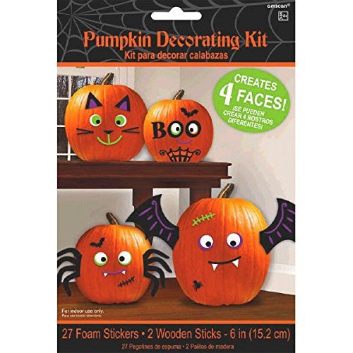 Silly Faces Pumpkin Decorating Kit - Makes 4 Jack-o-lantern Faces (Includes 27 Foam Stickers & 2 Wooden Sticks)