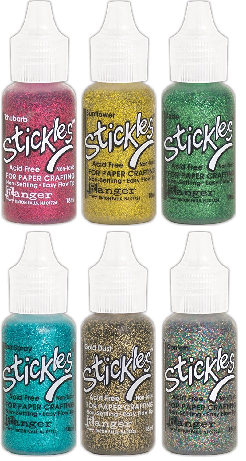 Ranger - 2017 Stickles Glitter Colors - Rhubarb, Jade, Sea Spray,Sunflower, Gold Dust and Confetti - 6 Items
