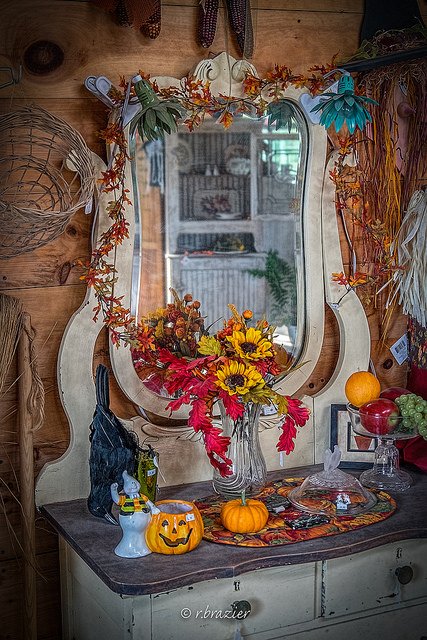 Halloween mirror Fall season decoration leaves sunflower pumpkins orange colors