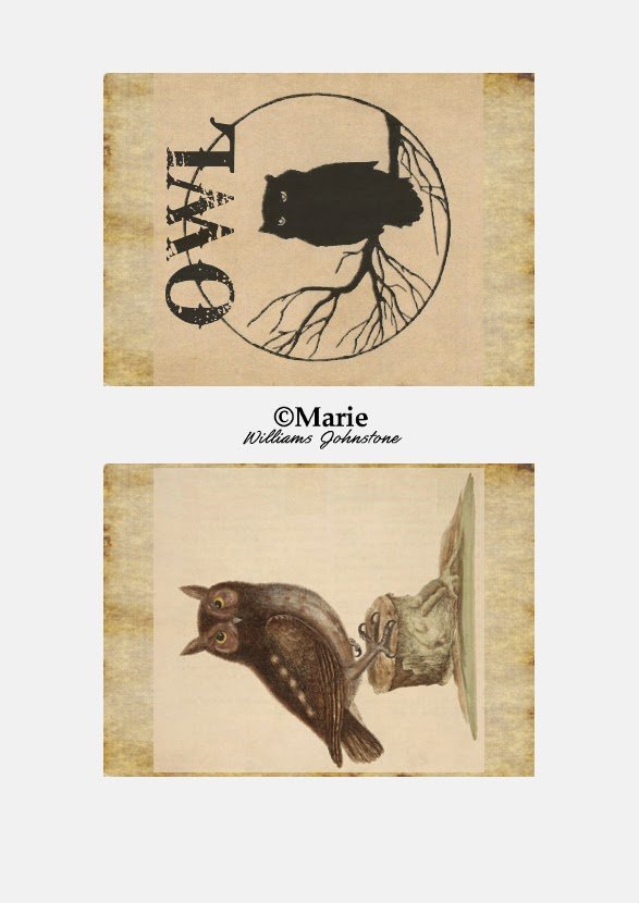 Midnight Owls Antique Style Paper Printable Black and Sepia Owl Birds on Antiqued Cream Background