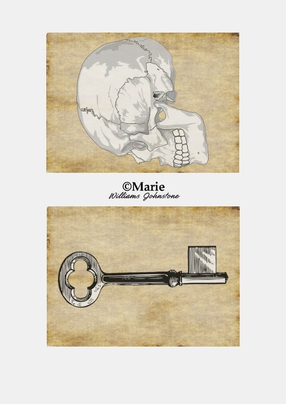 Skull and Skeleton Key Free Printable for Halloween Black and White Skull and Key Designs over Sepia Cream Backing