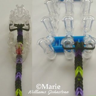 Rainbow loom rubber band double fishtail pattern black, purple, green