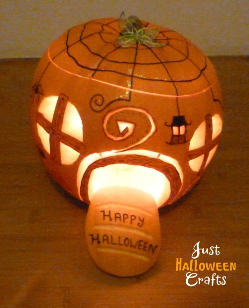 Lit pumpkin in fairy elf gnome hobbit home design decoration